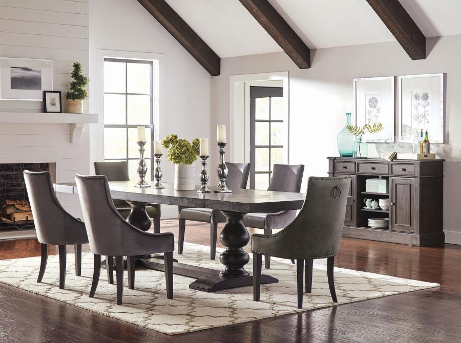 Phelps Rectangular Trestle Dining Set Antique Noir and Grey 121231-S8G Coaster FredCo