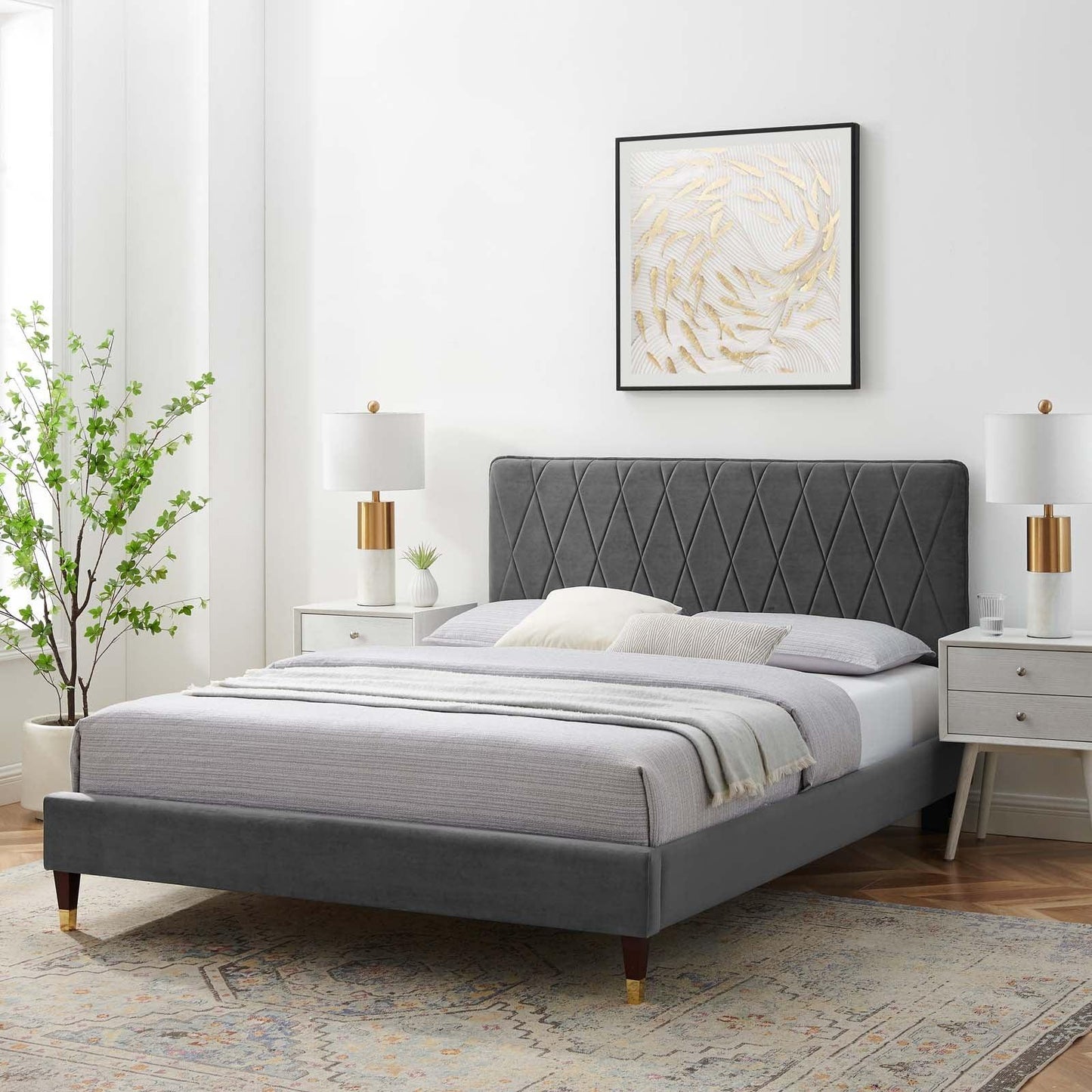 Phillipa Performance Velvet Queen Platform Bed, MOD-6707 FredCo