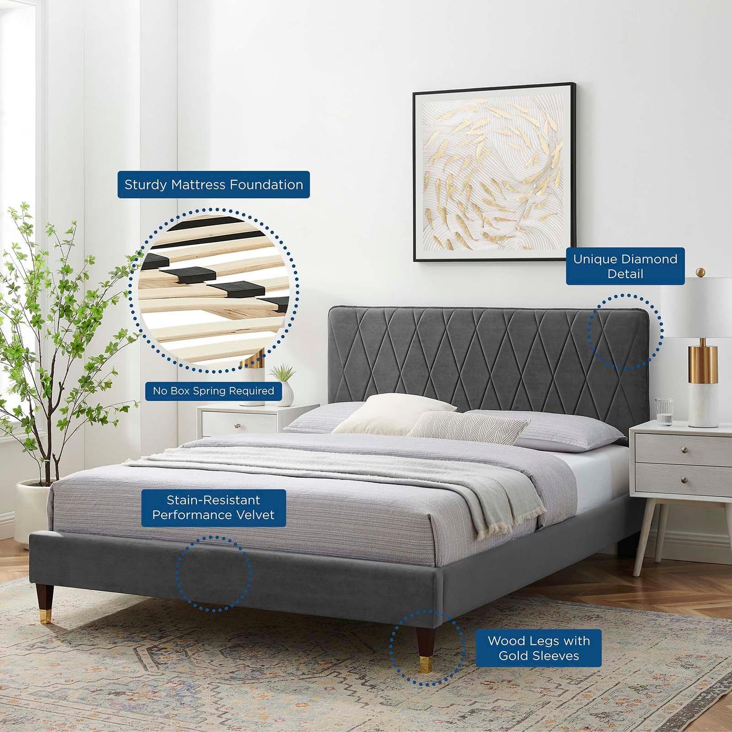 Phillipa Performance Velvet Queen Platform Bed, MOD-6707 FredCo