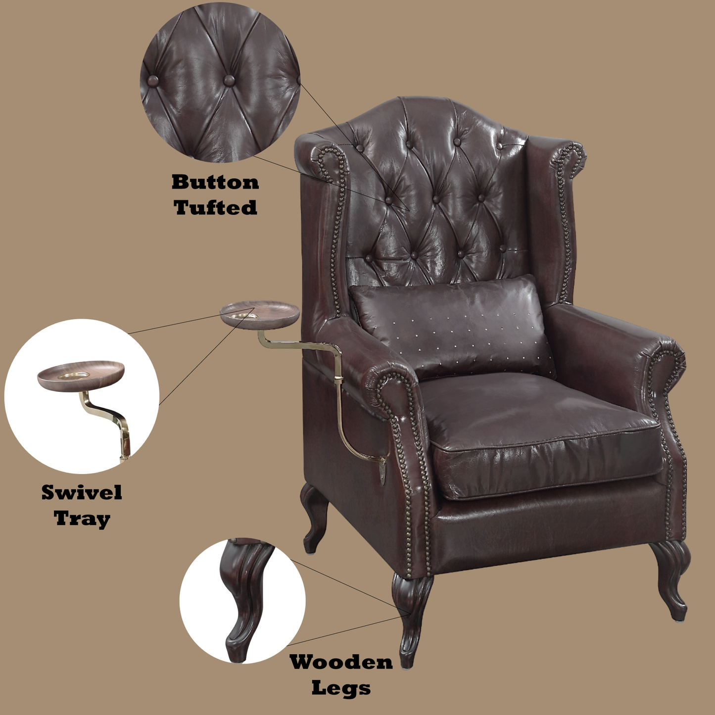 Pino Vintage Brown Top Grain Leather Accent Chair with 1 Toss Pillow FredCo