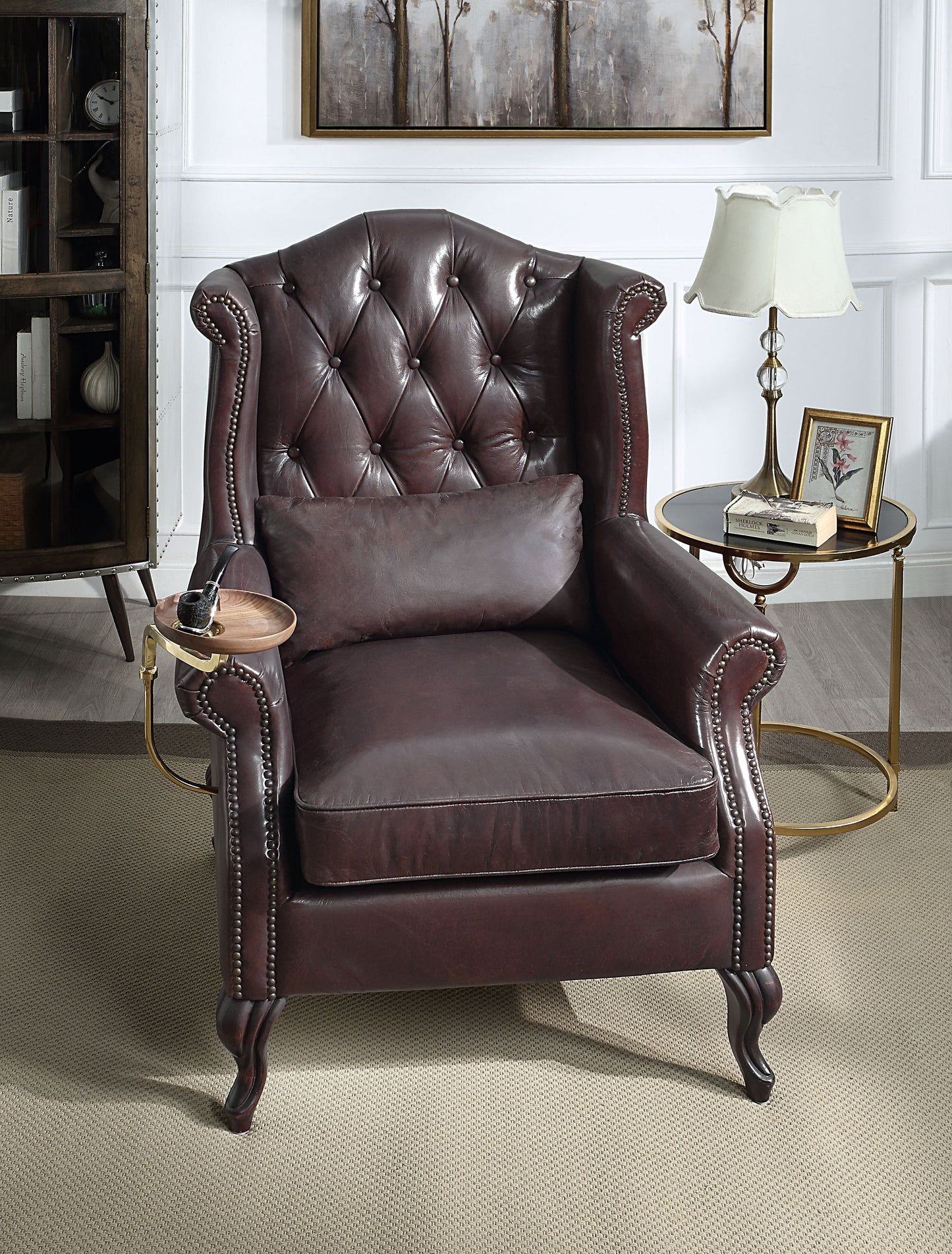 Pino Vintage Brown Top Grain Leather Accent Chair with 1 Toss Pillow FredCo