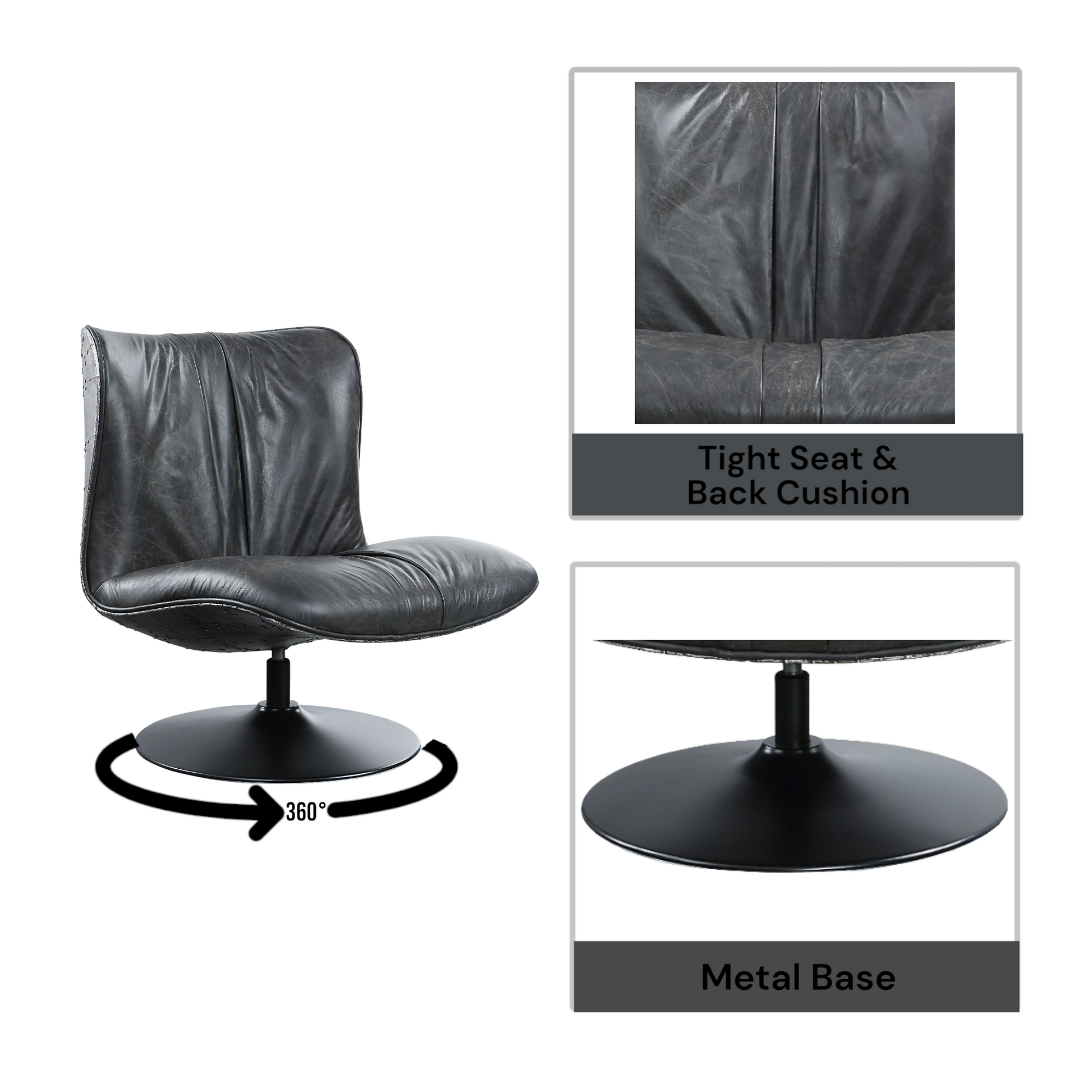 Piotr Black Top Grain Leather Accent Chair with Swivel FredCo