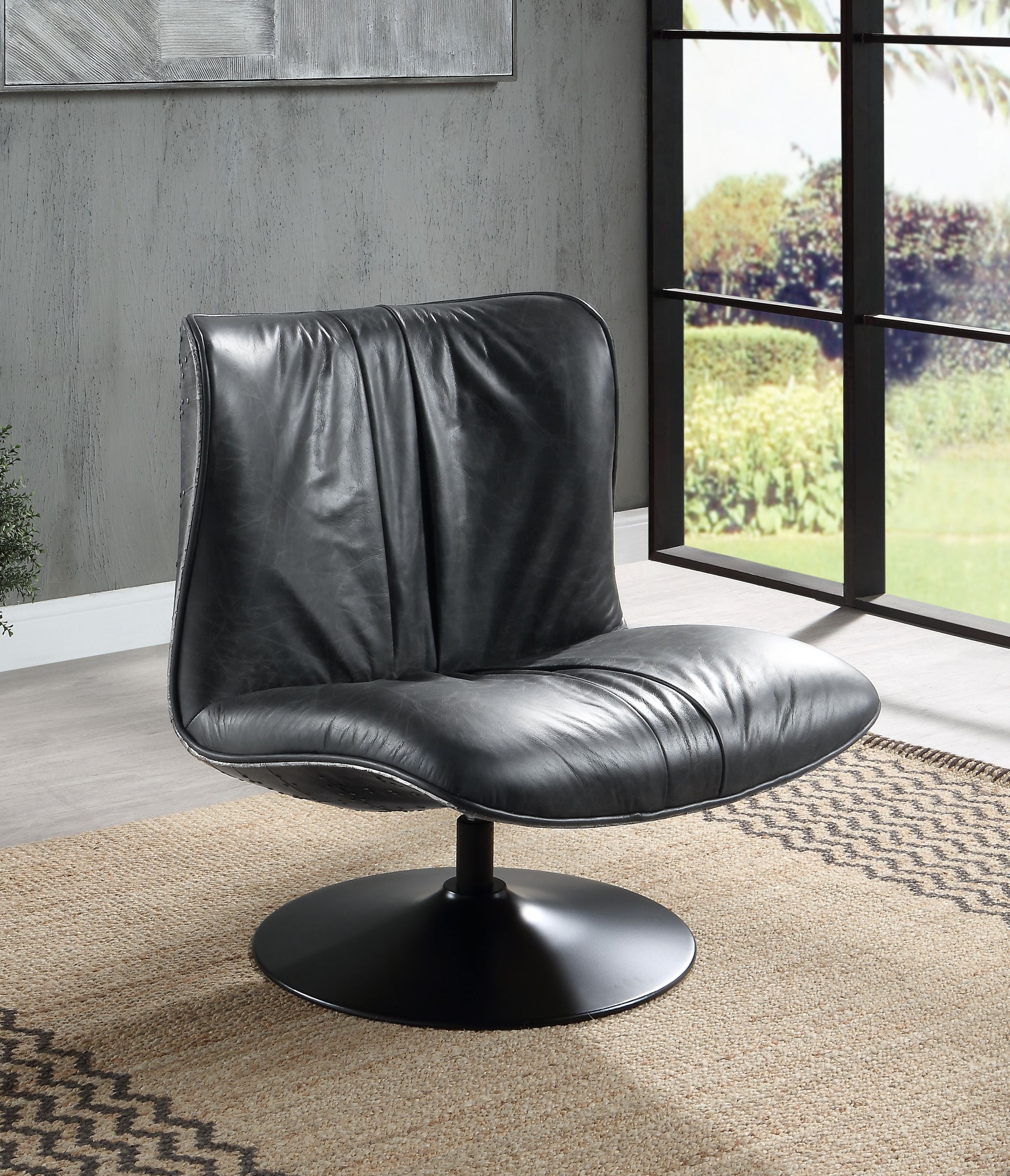 Piotr Black Top Grain Leather Accent Chair with Swivel FredCo