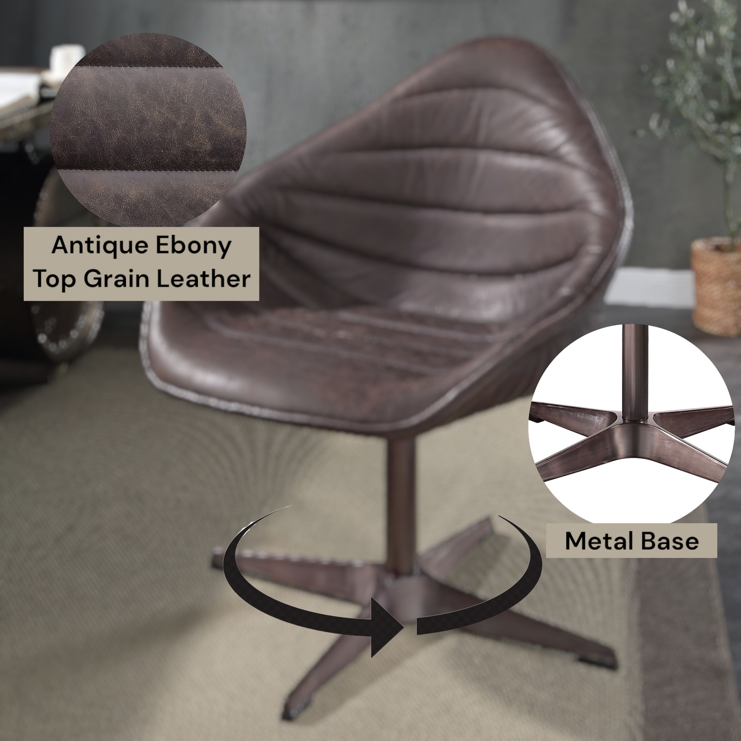Pipino Antique Ebony Top Grain Leather Accent Chair with Swivel FredCo
