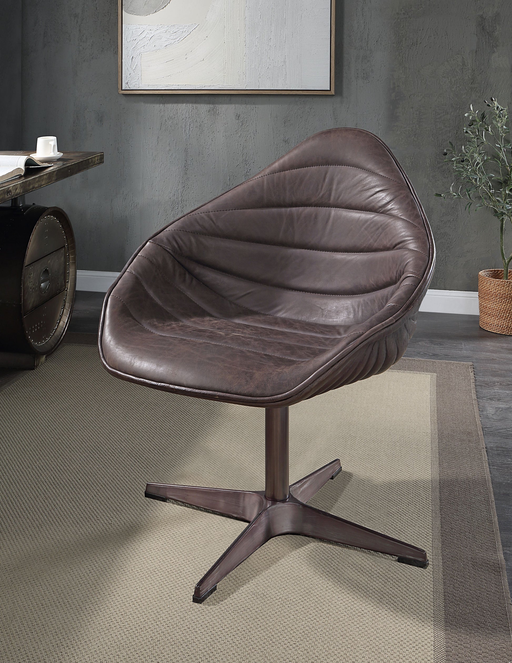 Pipino Antique Ebony Top Grain Leather Accent Chair with Swivel FredCo