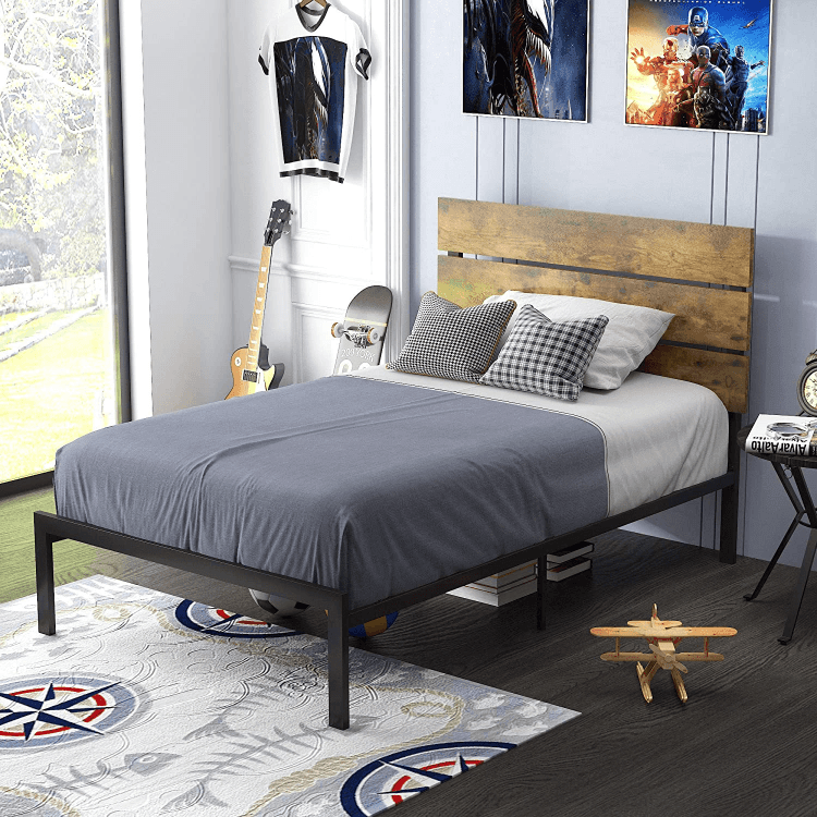 Platform Bed Frame with Wood headboard, Metal Slats/Rustic Mattress Foundation/Box Spring Optional/Strong Metal Slats Support/Easy Assembly FredCo