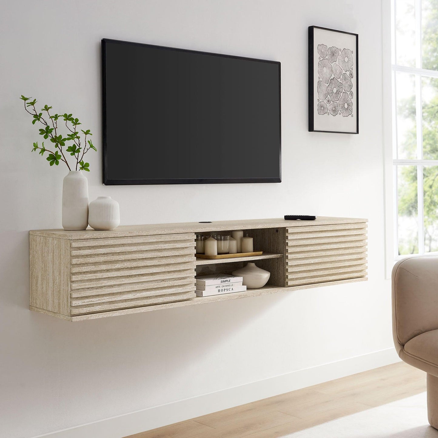 Render 70" Faux Travertine Wall-Mount Media Console TV Stand by Modway FredCo