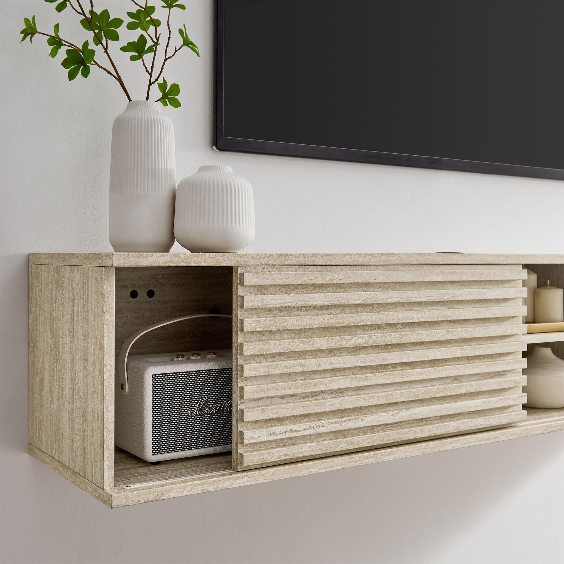 Render 70" Faux Travertine Wall-Mount Media Console TV Stand by Modway FredCo