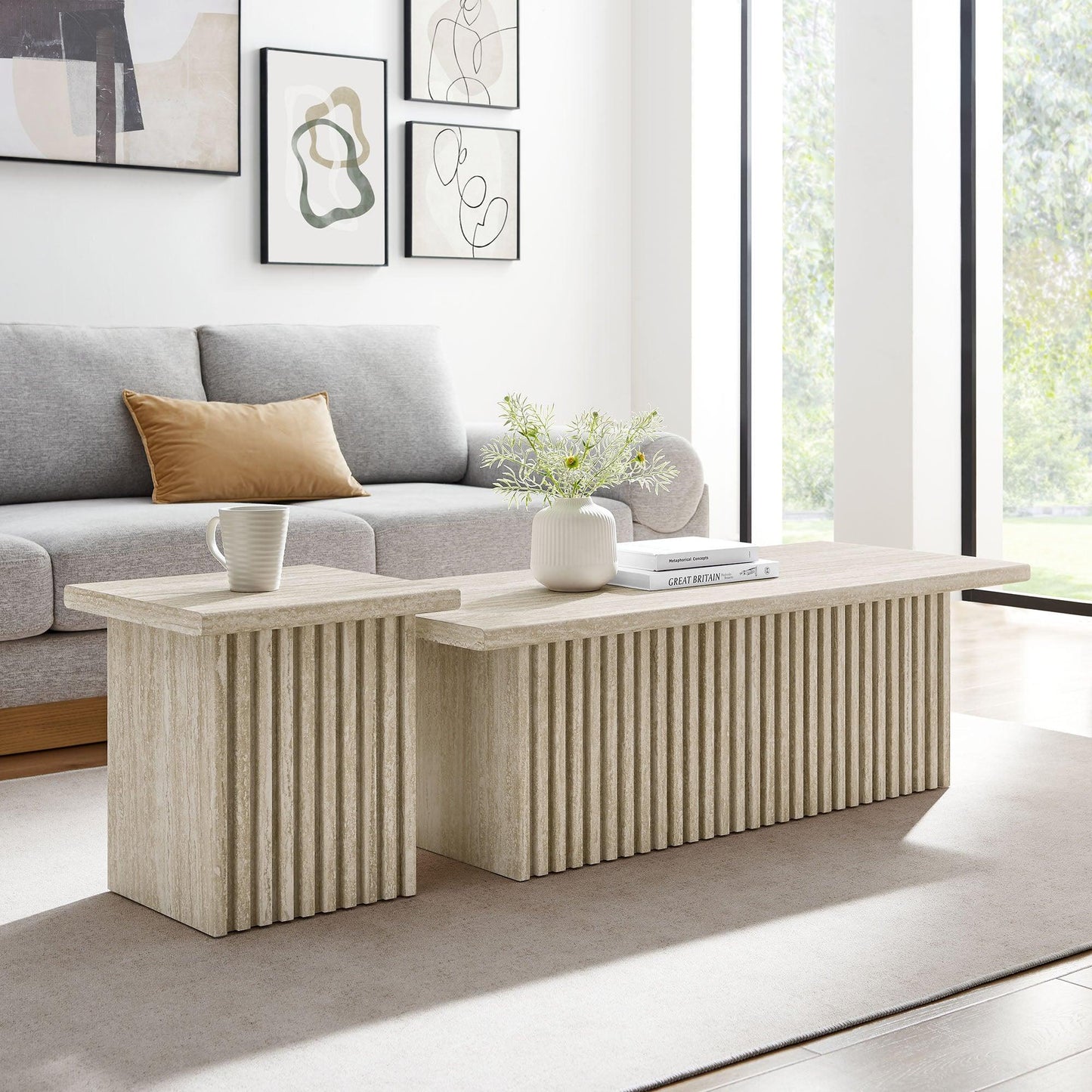 Render Nesting Faux Travertine Coffee Tables Set of 2 by Modway FredCo