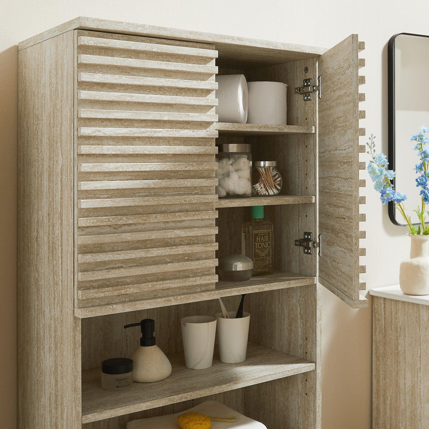 Render Tall Faux Travertine Linen Storage Cabinet by Modway FredCo