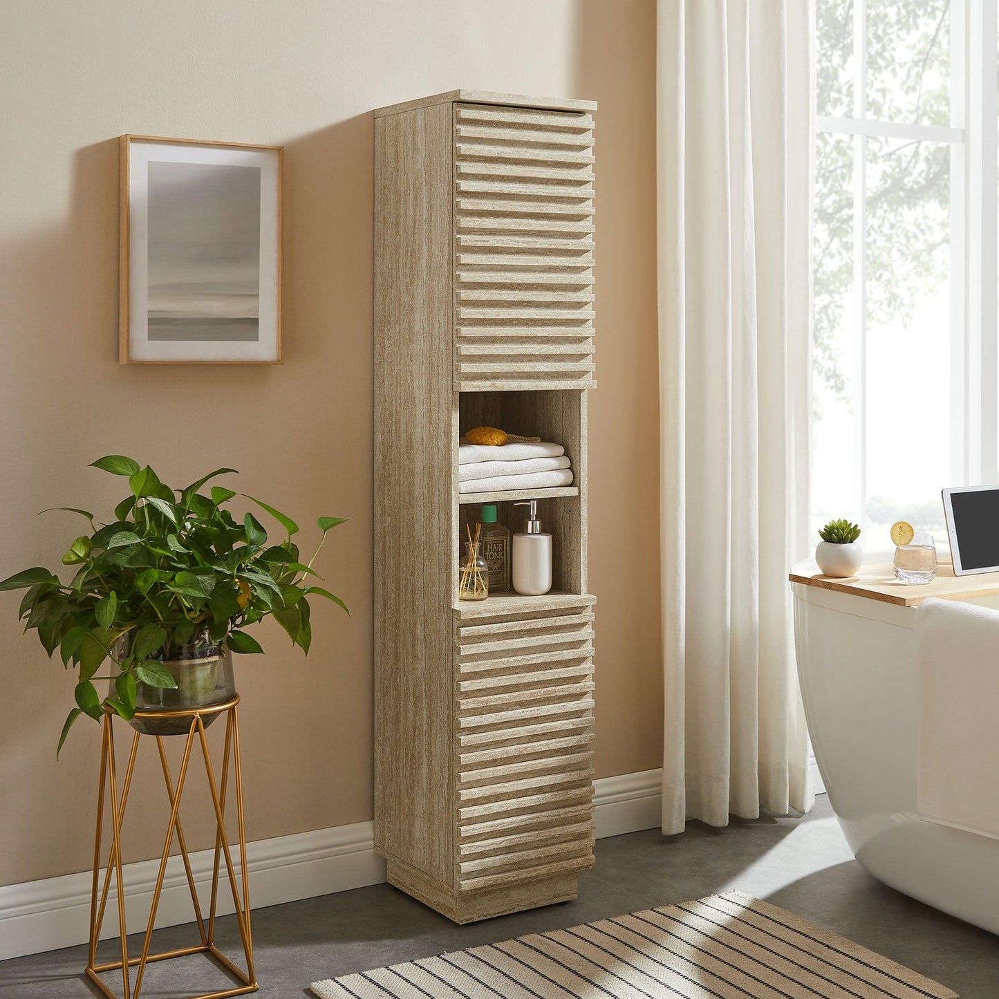 Render Tall Narrow Faux Travertine Linen Storage Cabinet by Modway FredCo
