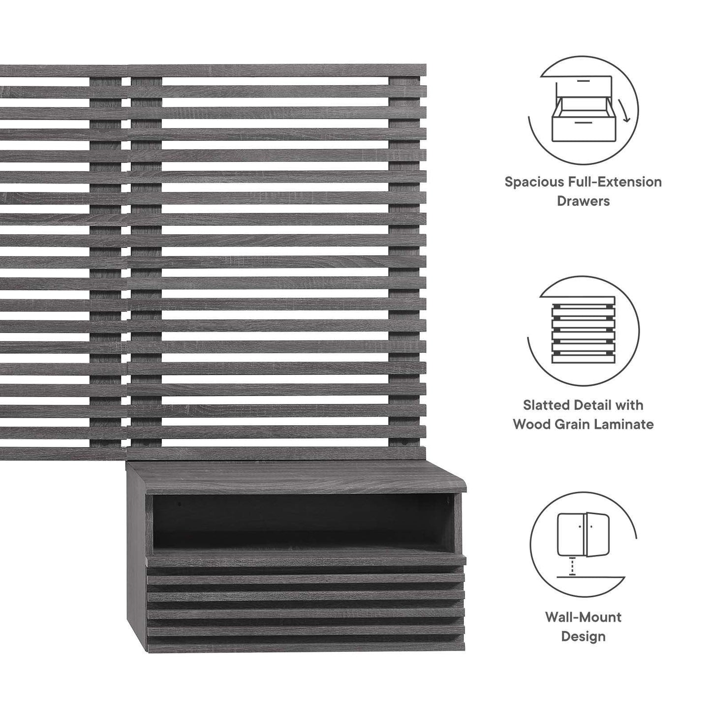 Render Wall Mount Twin Headboard and Modern Nightstands, MOD-7115 FredCo