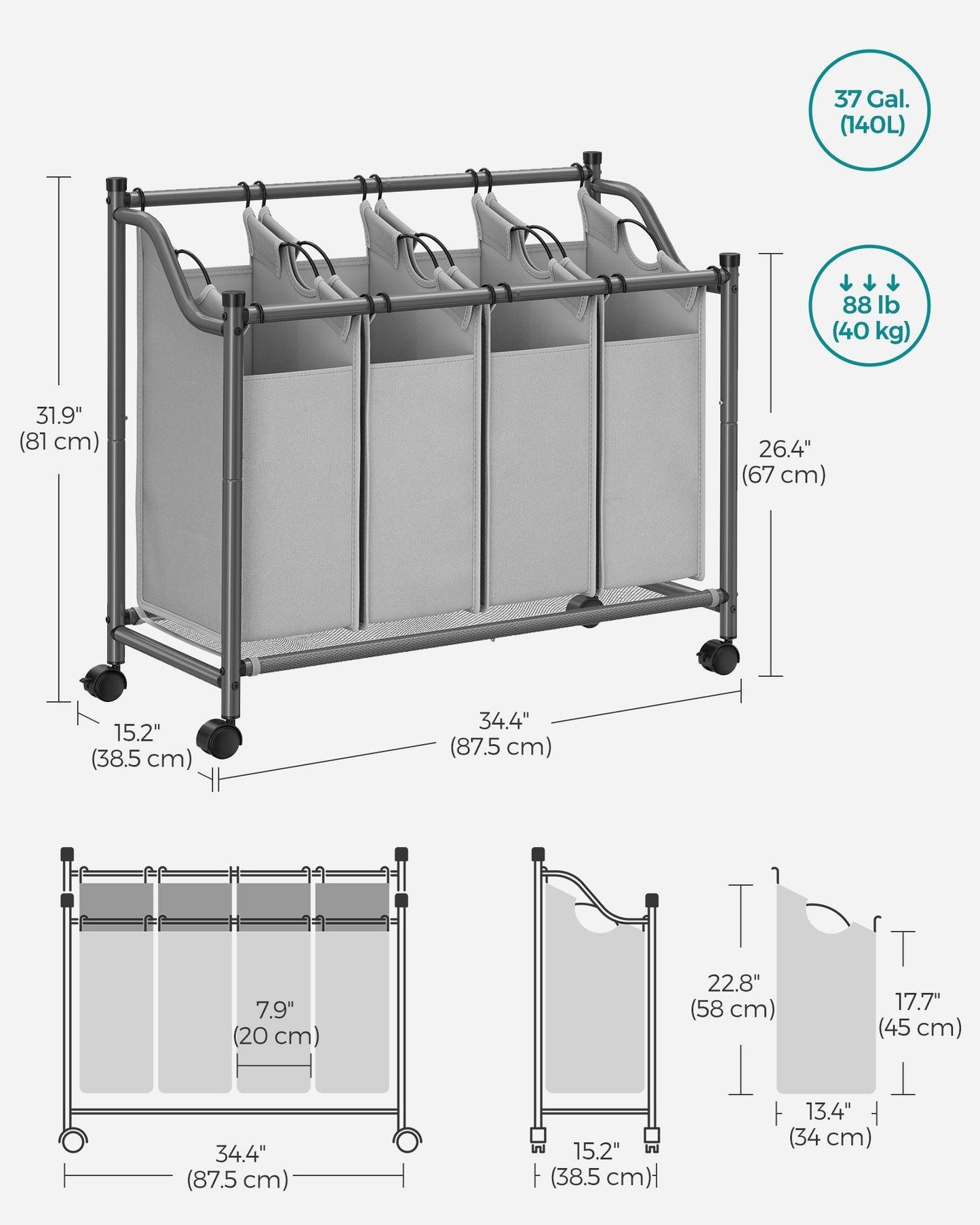 Rolling Laundry Basket with 4 Removable Bags Gray FredCo