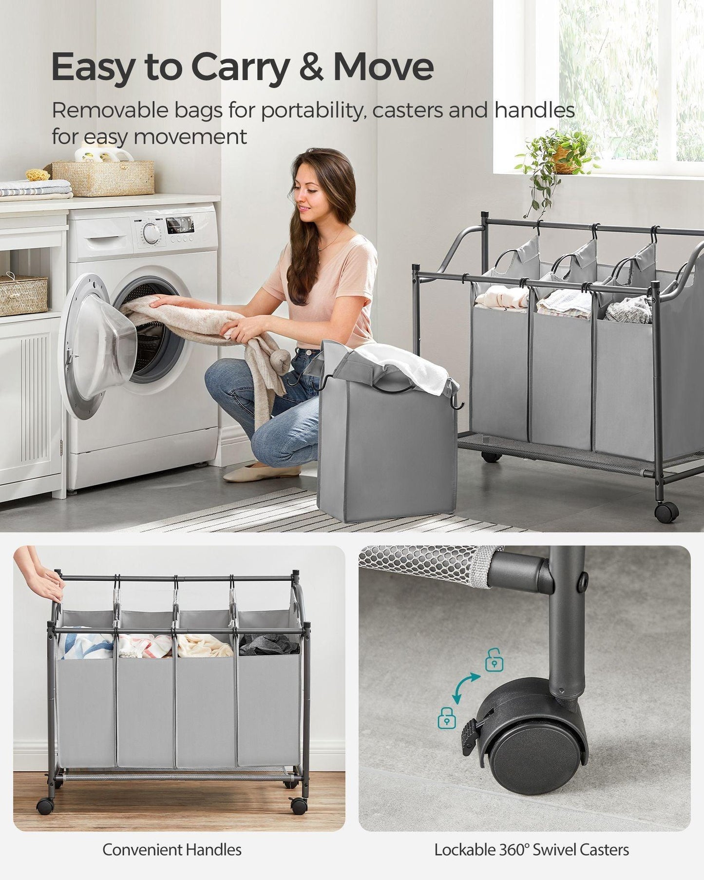 Rolling Laundry Basket with 4 Removable Bags Gray FredCo