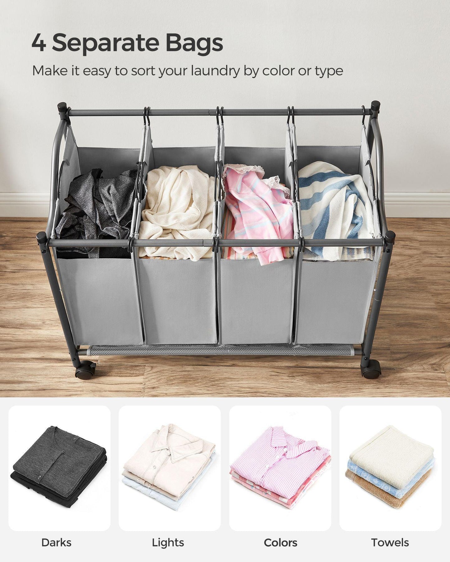 Rolling Laundry Basket with 4 Removable Bags Gray FredCo
