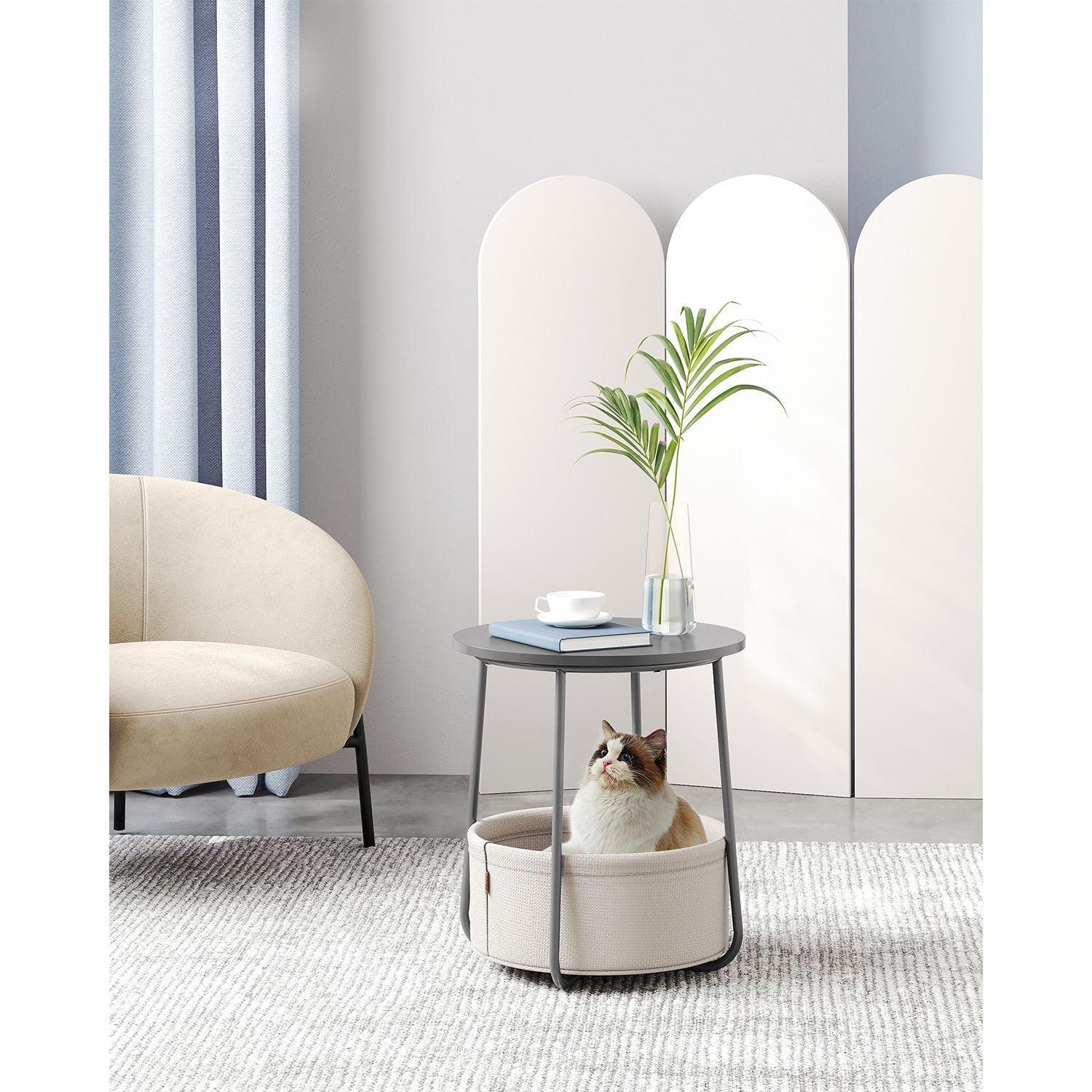 Round Side Table with Fabric Basket Dove Gray and Classic White FredCo
