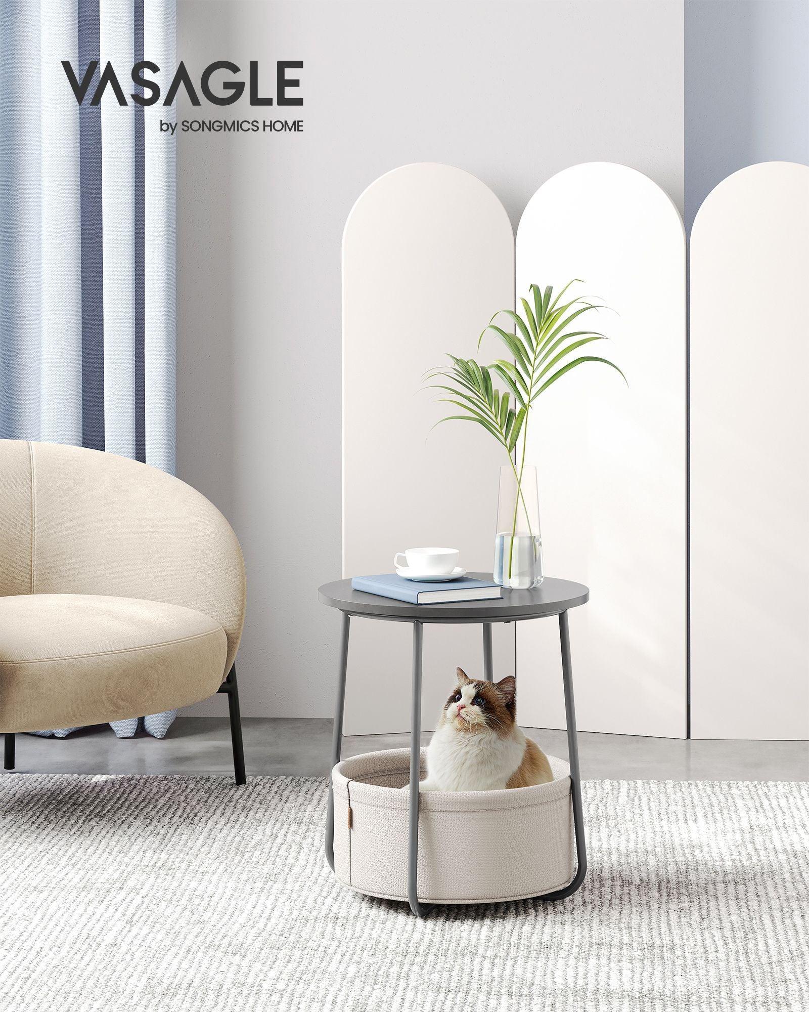 Round Side Table with Fabric Basket Dove Gray and Classic White FredCo