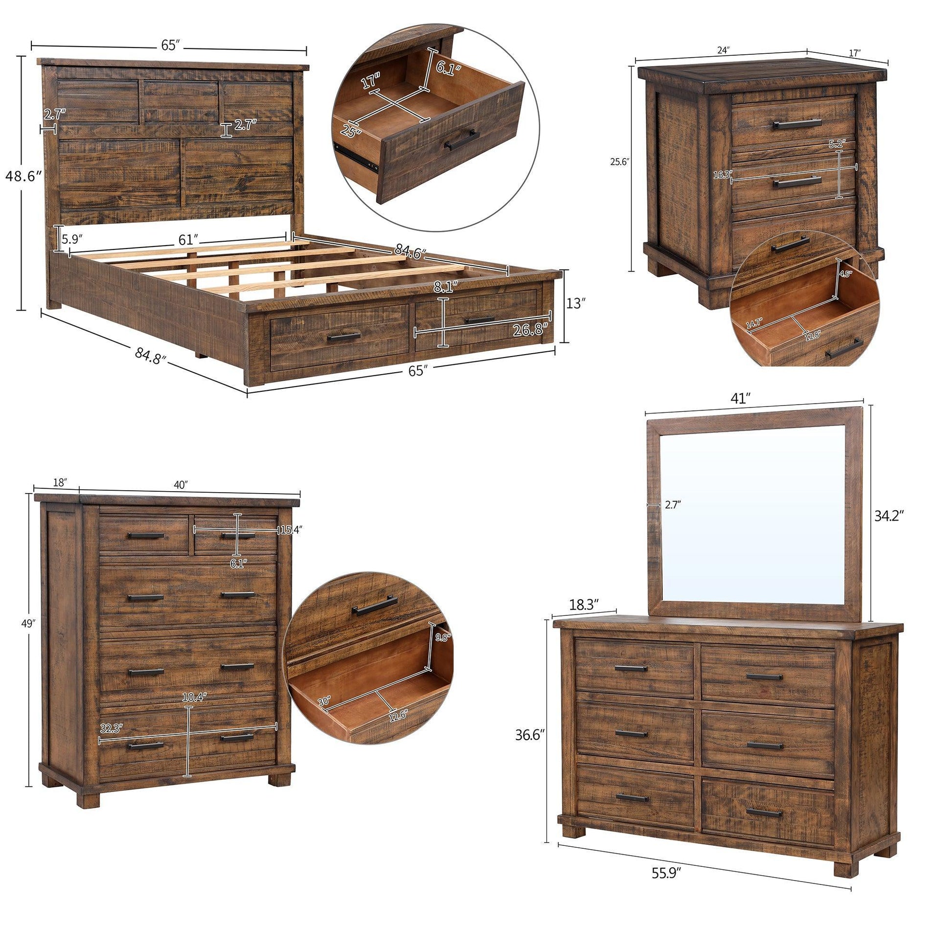 Rustic Reclaimed Solid Wood Farmhouse 6 Pieces Storage Queen Bedroom Sets FredCo