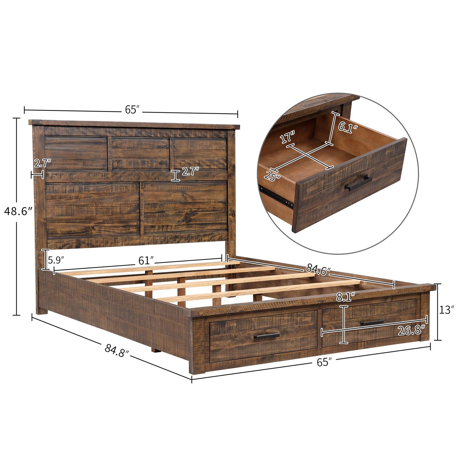 Rustic Reclaimed Solid Wood Farmhouse 6 Pieces Storage Queen Bedroom Sets FredCo