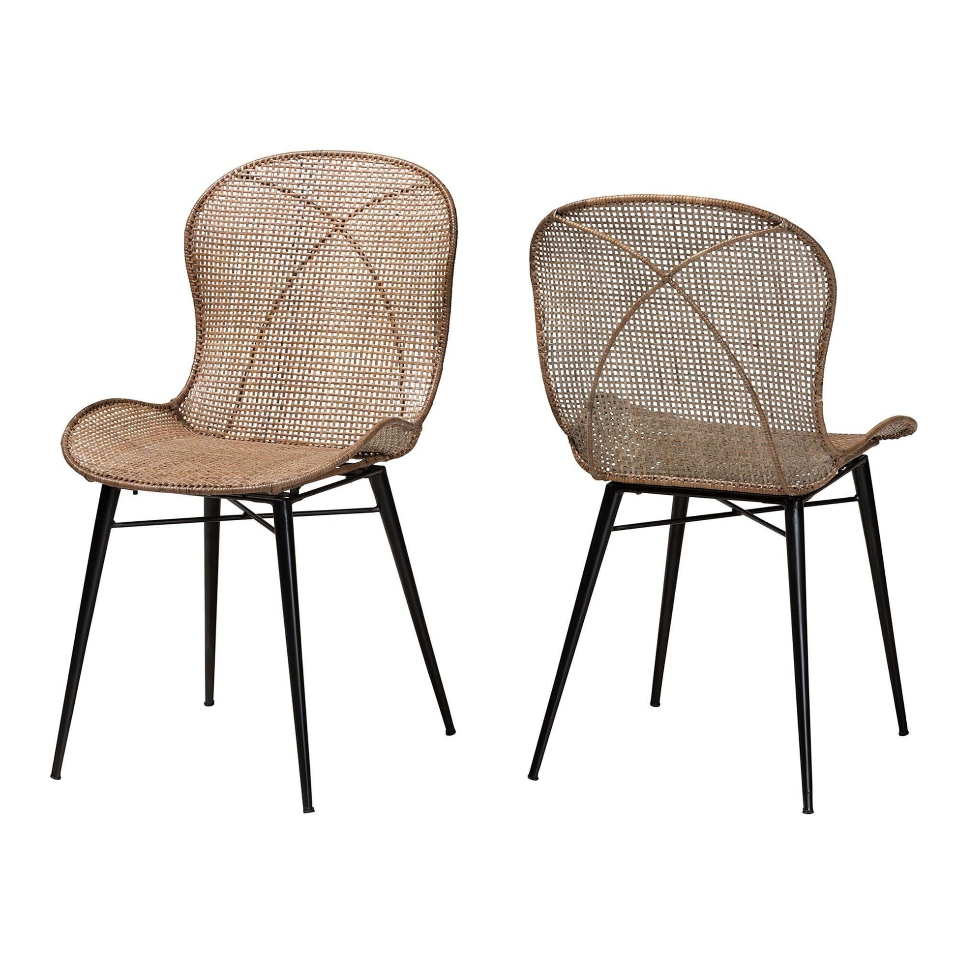 Sabelle Japandi Greywashed Rattan and Black Metal 2-Piece Dining Chair Set FredCo
