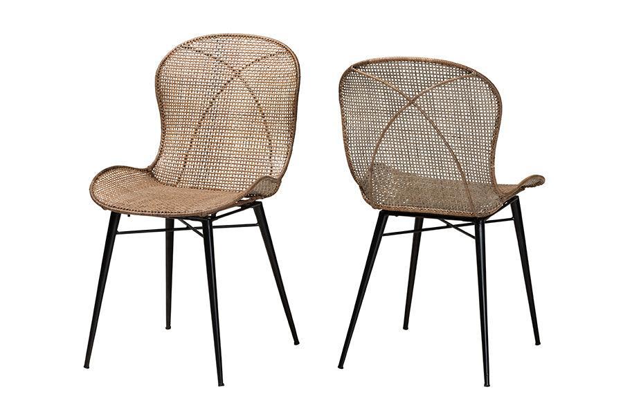Sabelle Japandi Greywashed Rattan and Black Metal 2-Piece Dining Chair Set FredCo