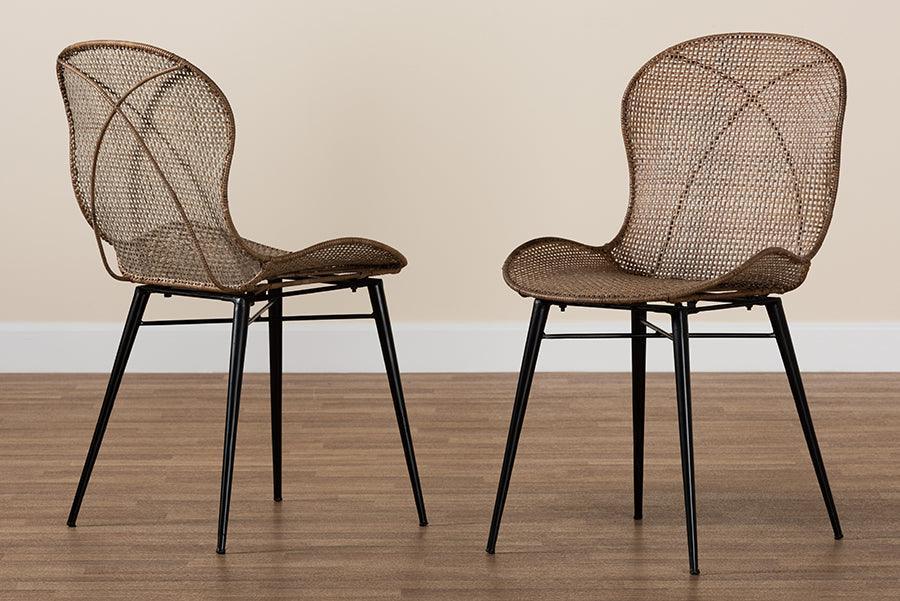 Sabelle Japandi Greywashed Rattan and Black Metal 2-Piece Dining Chair Set FredCo
