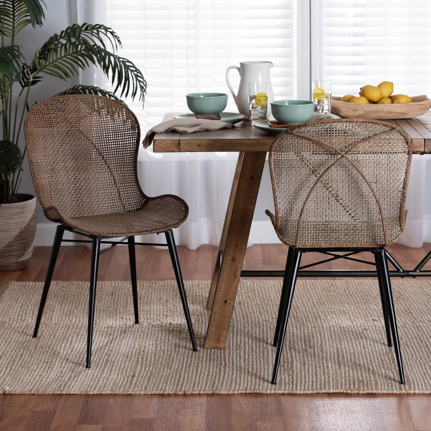Sabelle Japandi Greywashed Rattan and Black Metal 2-Piece Dining Chair Set FredCo