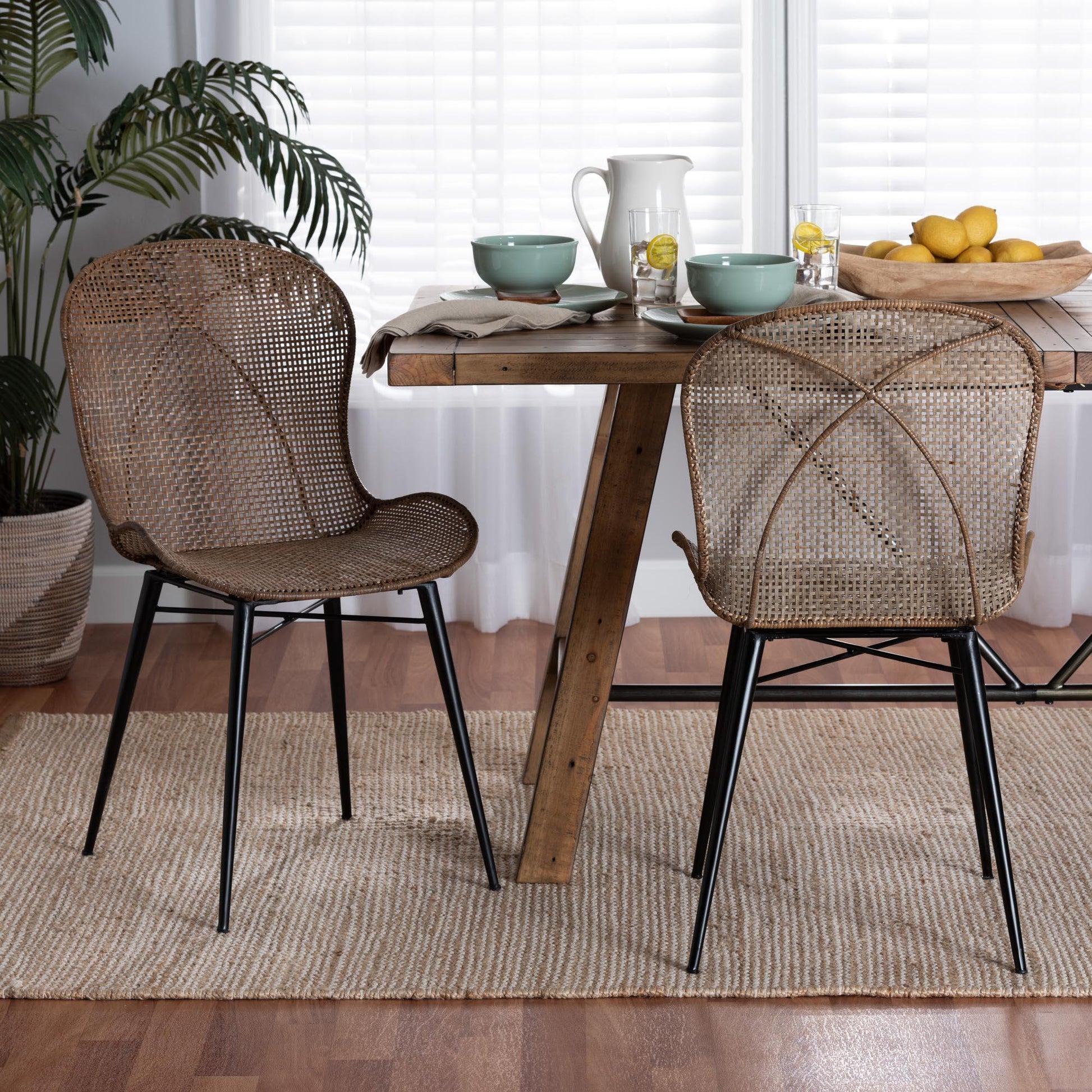 Sabelle Japandi Greywashed Rattan and Black Metal 2-Piece Dining Chair Set FredCo