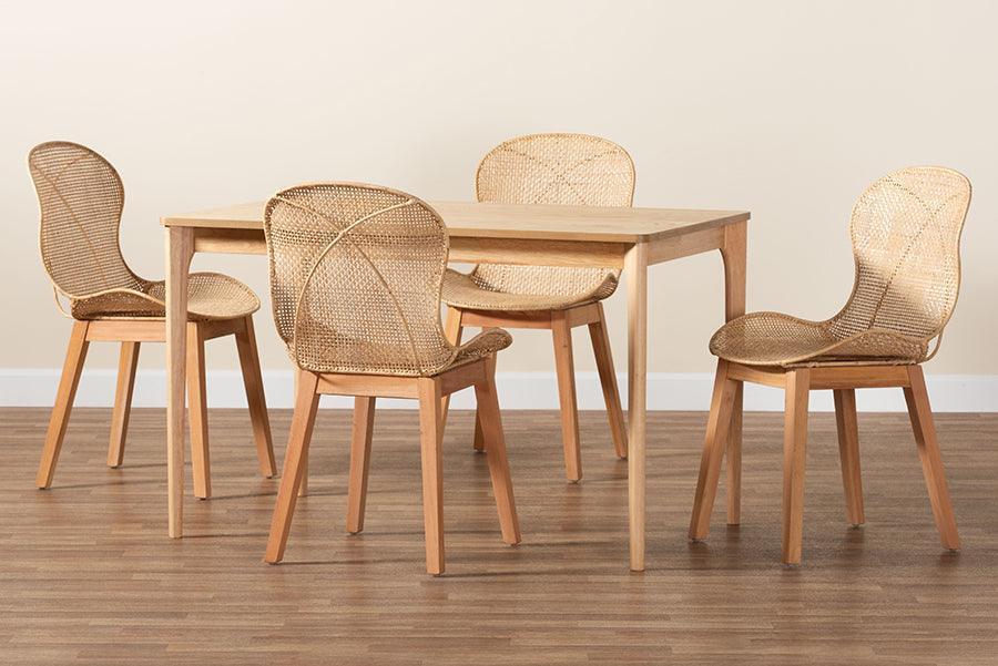 Sabelle Japandi Natural Brown Mahogany Wood and Rattan 5-Piece Dining Set FredCo