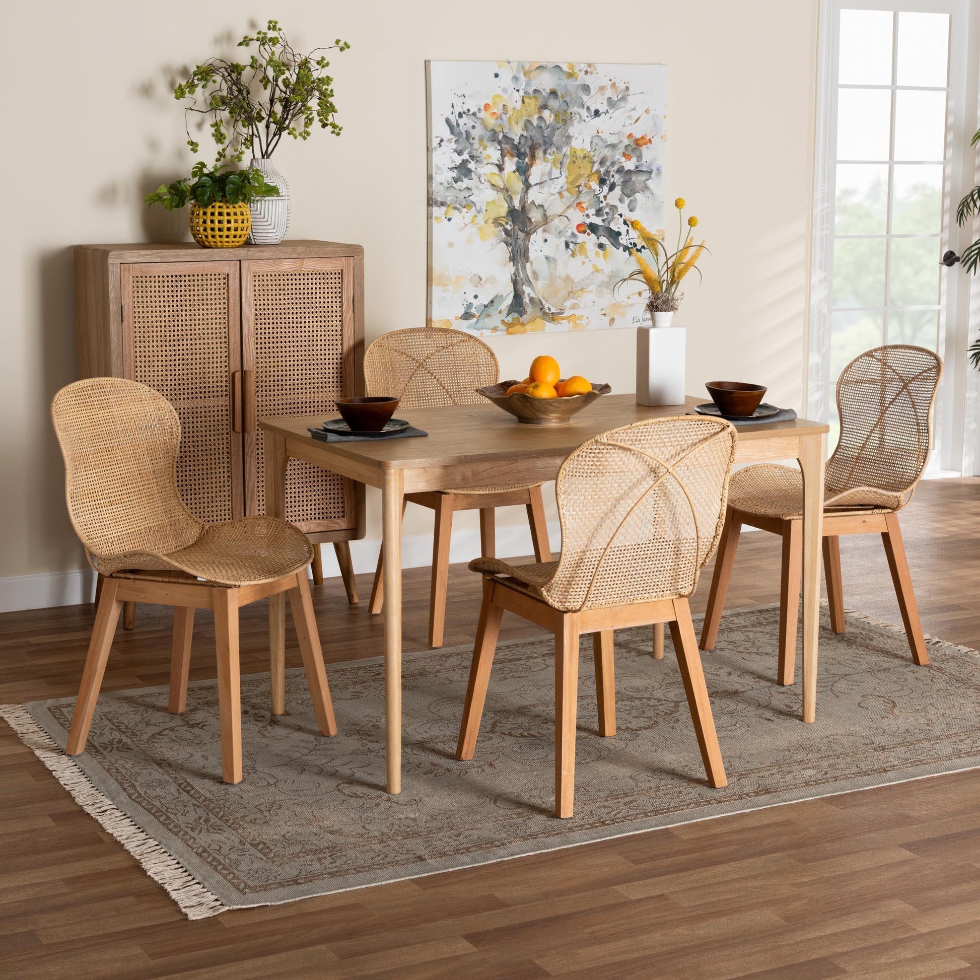 Sabelle Japandi Natural Brown Mahogany Wood and Rattan 5-Piece Dining Set FredCo