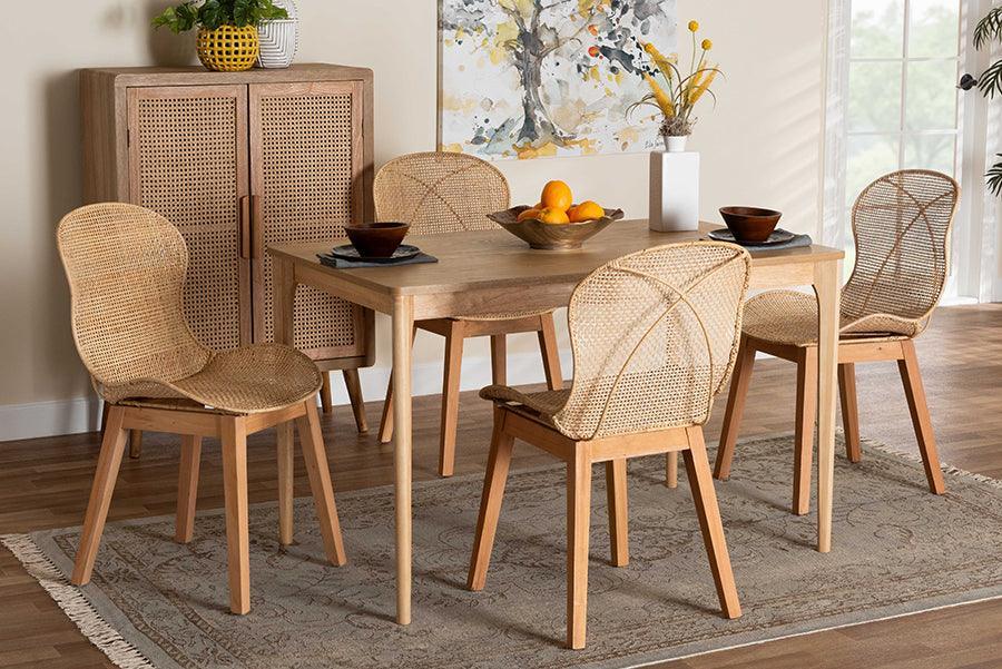 Sabelle Japandi Natural Brown Mahogany Wood and Rattan 5-Piece Dining Set FredCo