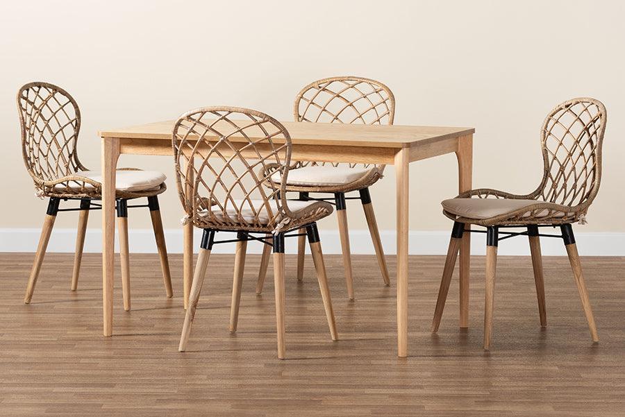 Sabelle Modern Bohemian Greywashed Rattan and Natural Brown Finished Wood 5-Piece Dining Set FredCo
