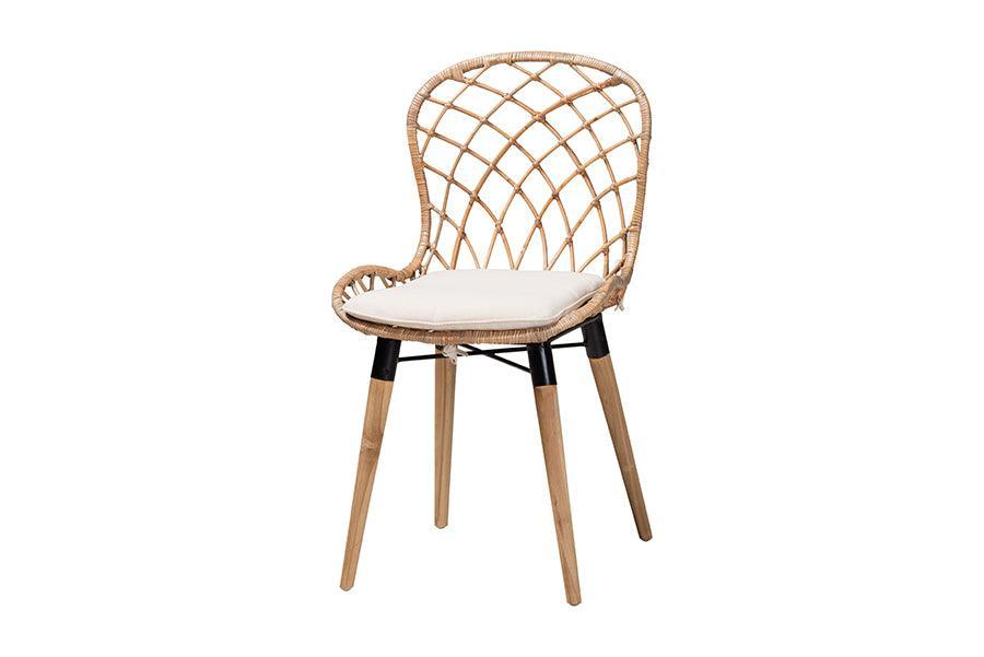 Sabelle Modern Bohemian Greywashed Rattan and Natural Brown Finished Wood 5-Piece Dining Set FredCo