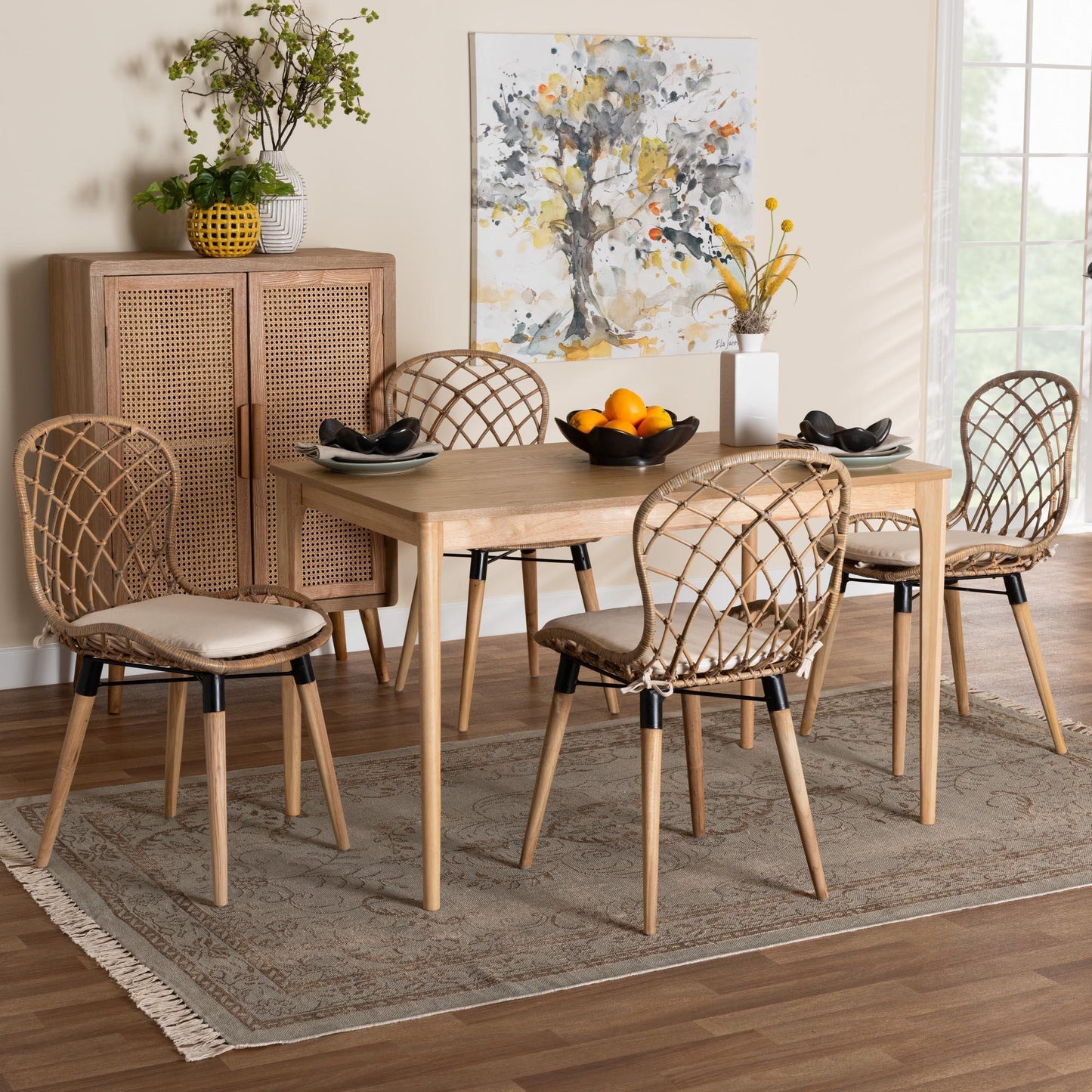 Sabelle Modern Bohemian Greywashed Rattan and Natural Brown Finished Wood 5-Piece Dining Set FredCo