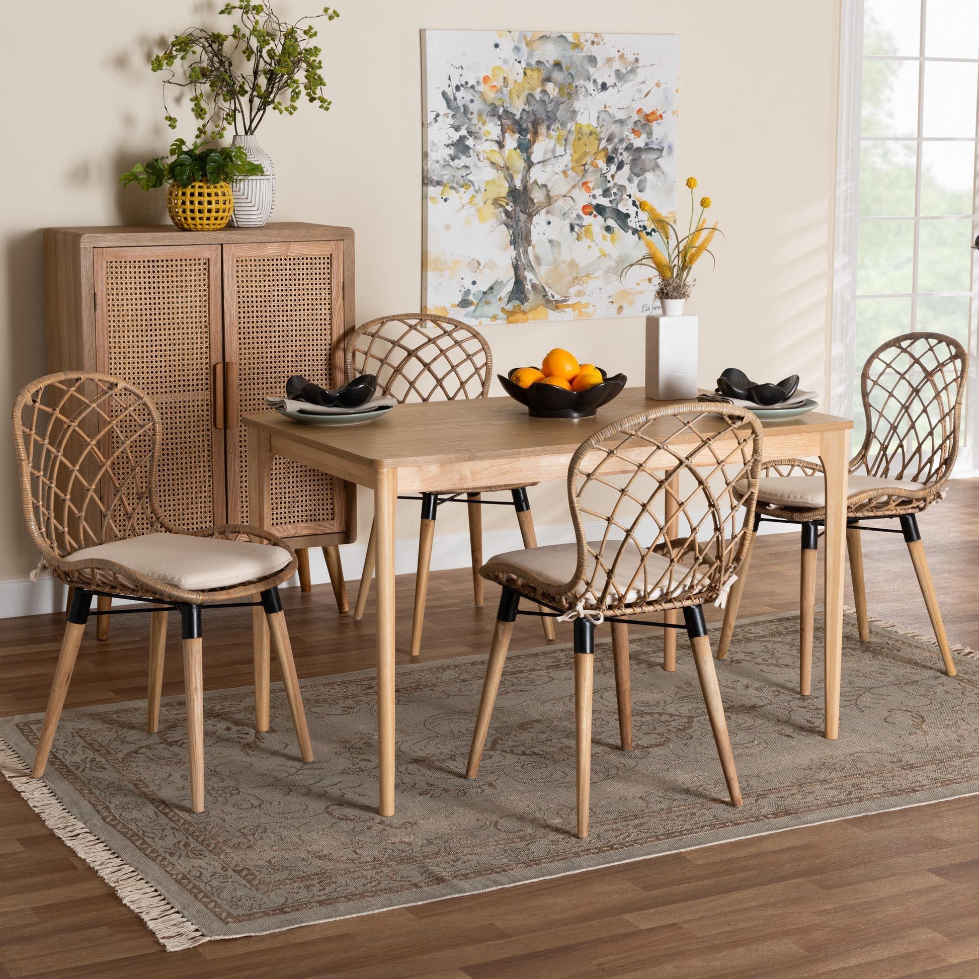 Sabelle Modern Bohemian Greywashed Rattan and Natural Brown Finished Wood 5-Piece Dining Set FredCo