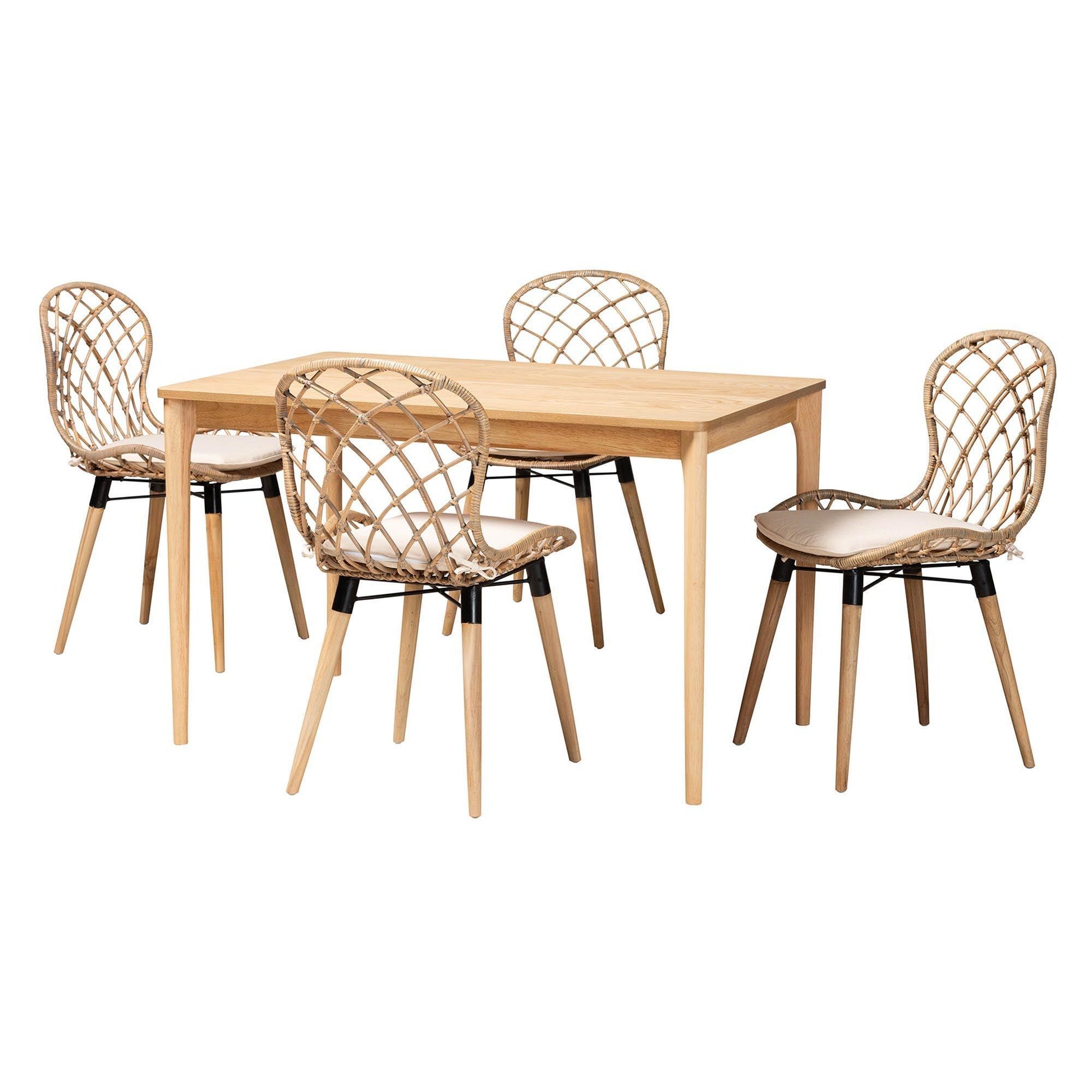 Sabelle Modern Bohemian Greywashed Rattan and Natural Brown Finished Wood 5-Piece Dining Set FredCo