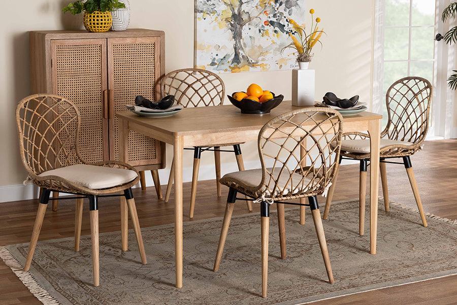 Sabelle Modern Bohemian Greywashed Rattan and Natural Brown Finished Wood 5-Piece Dining Set FredCo