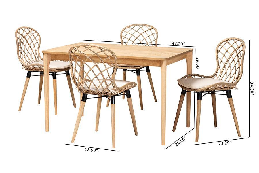 Sabelle Modern Bohemian Greywashed Rattan and Natural Brown Finished Wood 5-Piece Dining Set FredCo