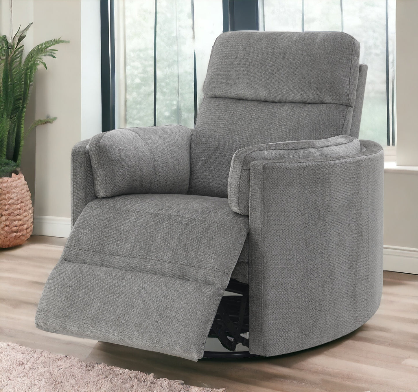 Sagen Charcoal Chenille Glider Recliner with Swivel FredCo