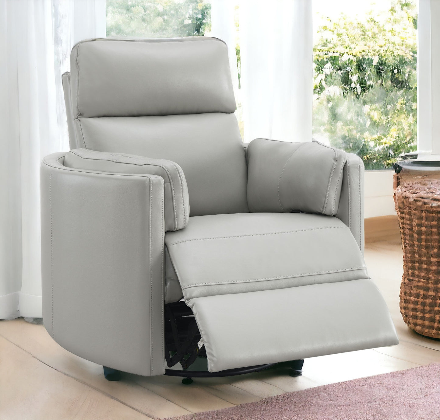Sagen Gray Faux Leather Glider Recliner with Swivel FredCo