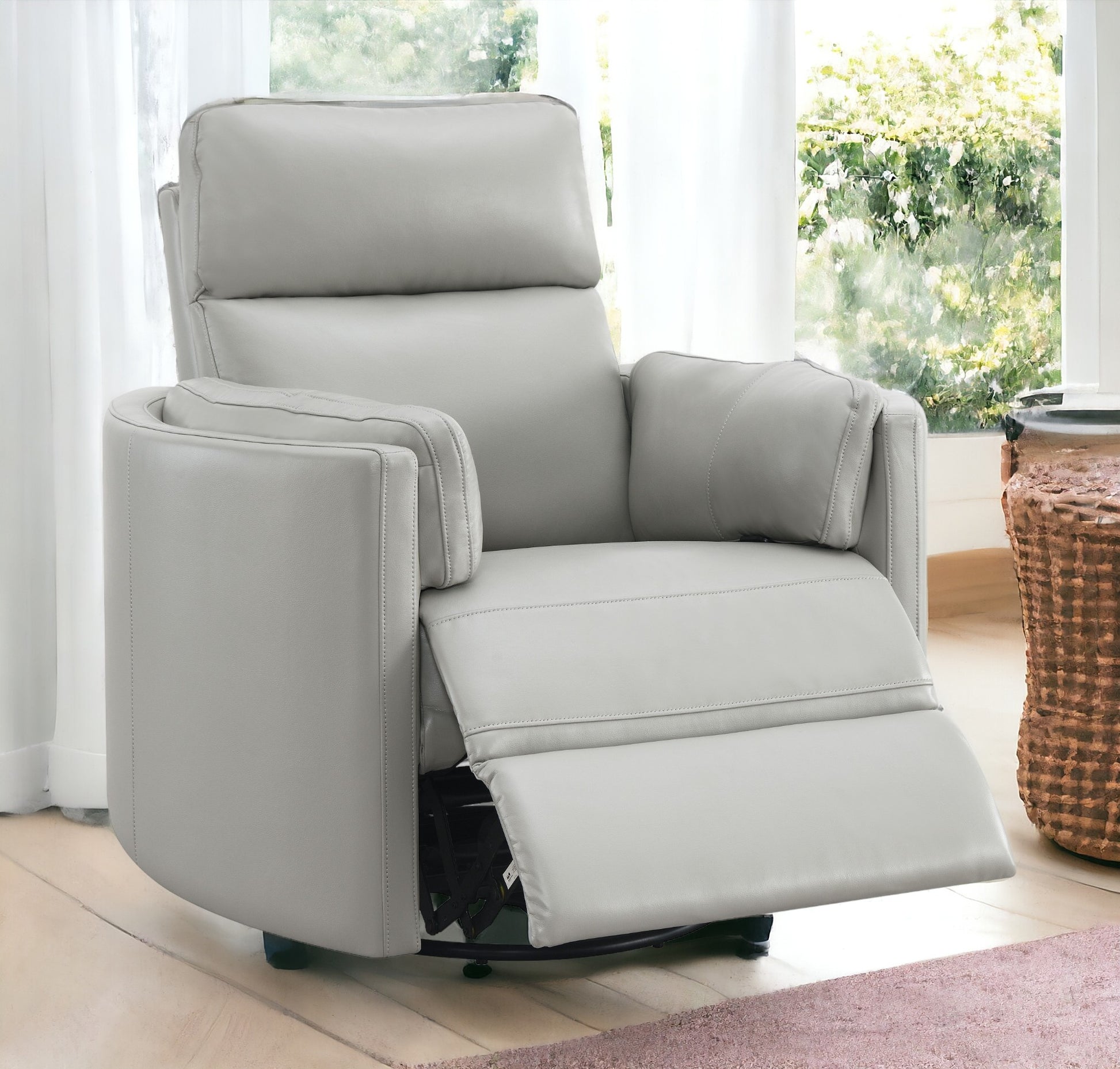 Sagen Gray Faux Leather Glider Recliner with Swivel FredCo