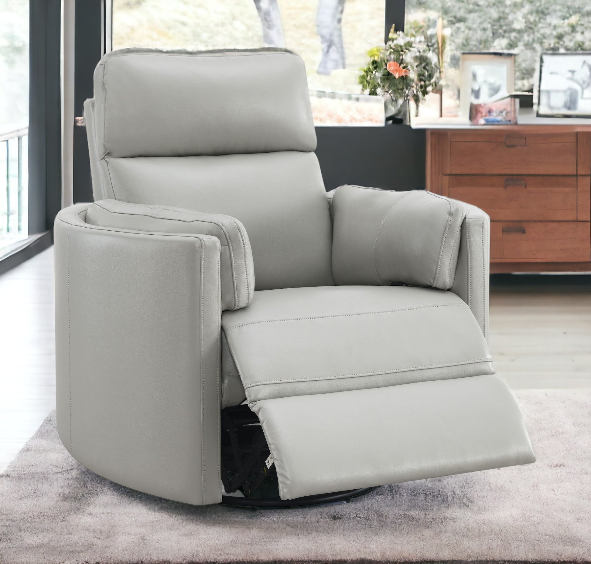 Sagen Gray Faux Leather Glider Recliner with Swivel FredCo
