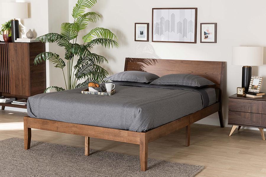 Salvatore Mid-Century Modern Walnut Brown Finished Wood Queen Size Platform Bed FredCo
