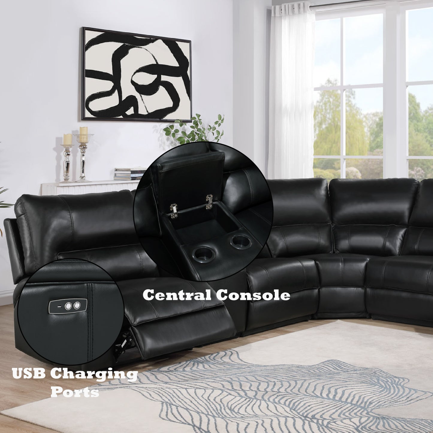 Saul Black Leather Aire Power Recliner Sectional Sofa w/ USB Port & Cupholder Console FredCo