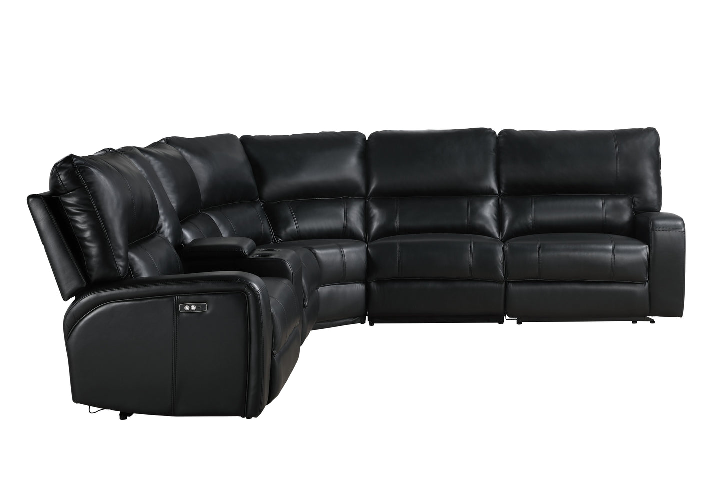 Saul Black Leather Aire Power Recliner Sectional Sofa w/ USB Port & Cupholder Console FredCo