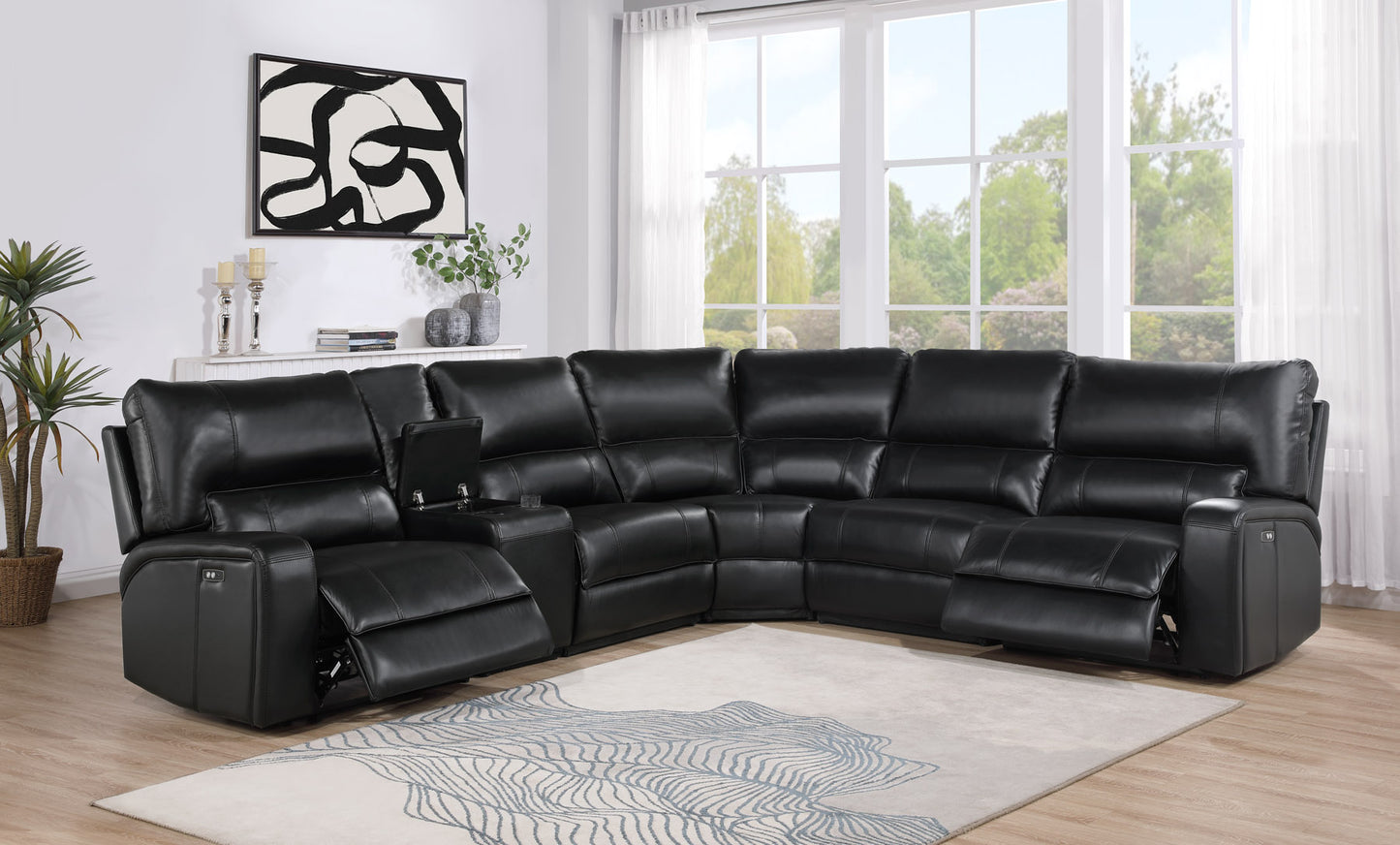 Saul Black Leather Aire Power Recliner Sectional Sofa w/ USB Port & Cupholder Console FredCo