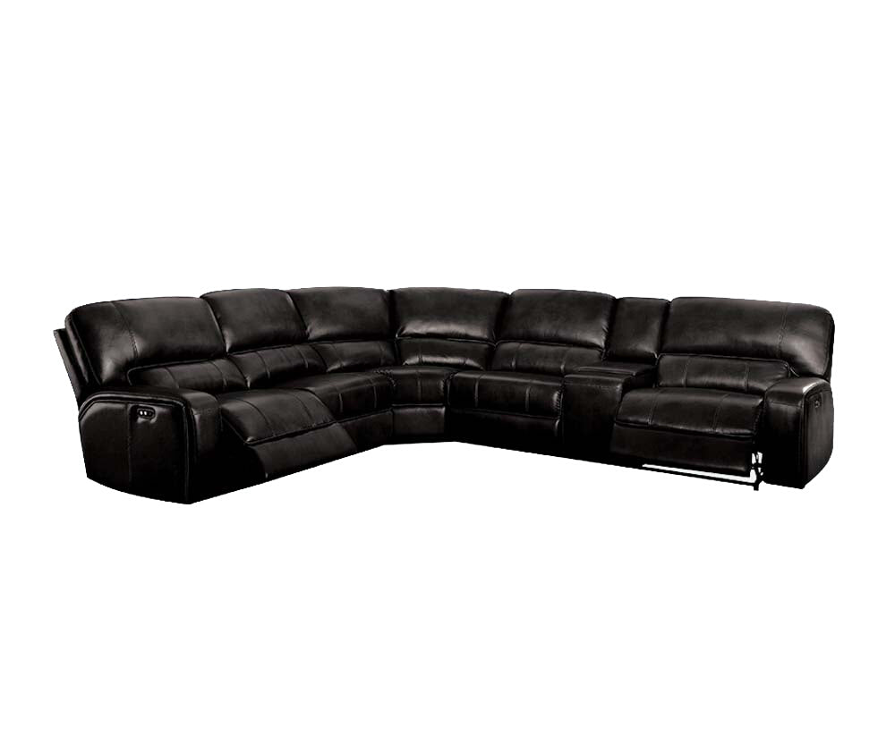 Saul Black Leather Aire Power Recliner Sectional Sofa w/ USB Port & Cupholder Console FredCo