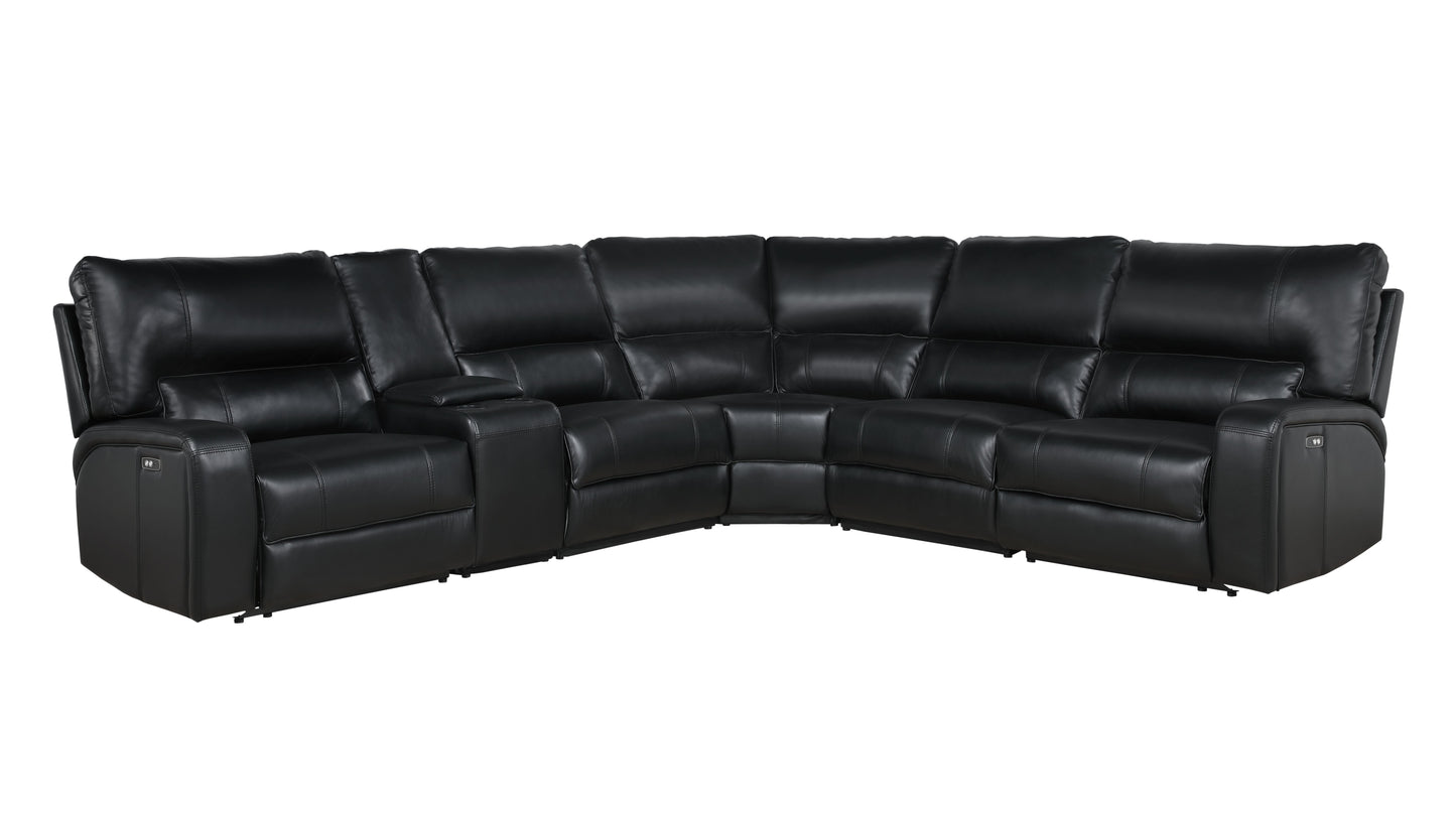 Saul Black Leather Aire Power Recliner Sectional Sofa w/ USB Port & Cupholder Console FredCo