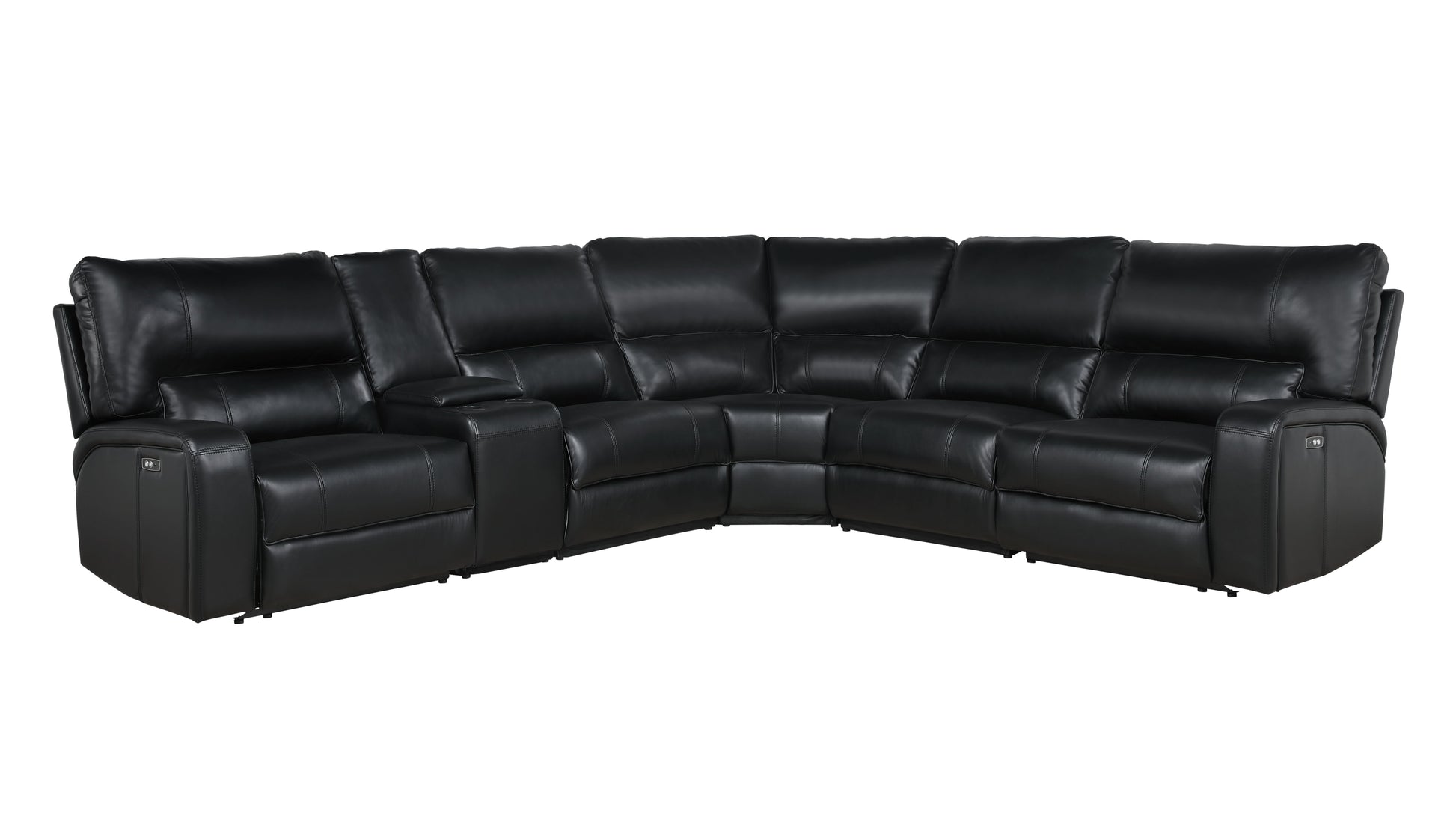 Saul Black Leather Aire Power Recliner Sectional Sofa w/ USB Port & Cupholder Console FredCo