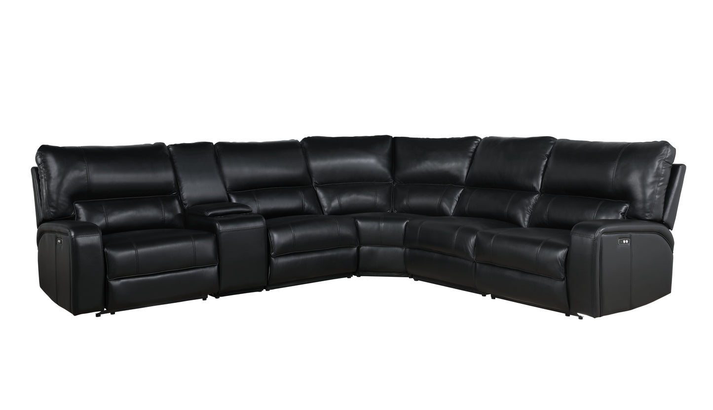 Saul Black Leather Aire Power Recliner Sectional Sofa w/ USB Port & Cupholder Console FredCo